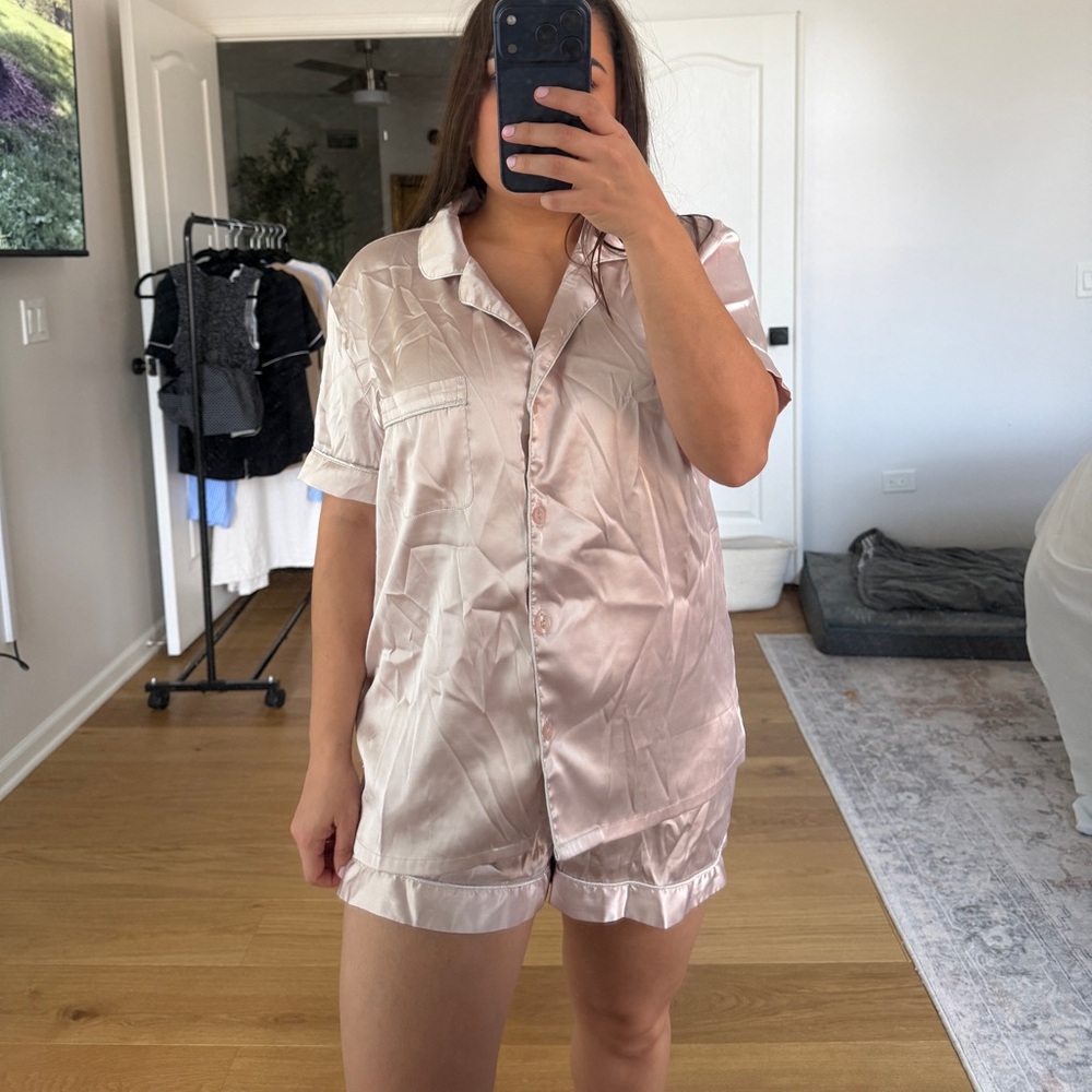 Satin Short Pajama Set - pink with White Piping Womens Medium